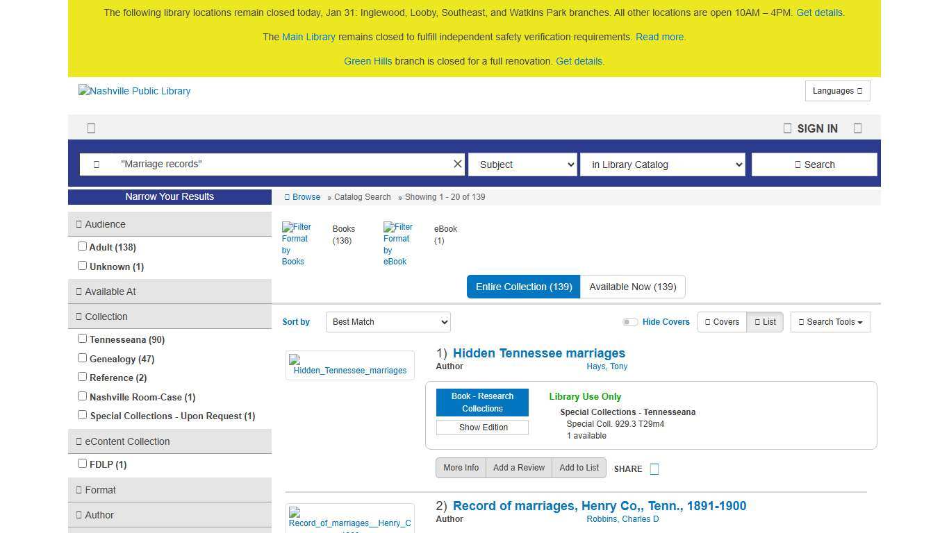 Search Results Nashville Public Library